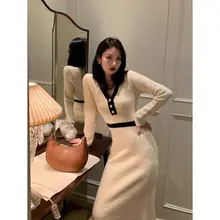 フレンチスタイルのビンテージニットワンピース【長袖・Vネック・カラーコントラスト】（セットアップ対応）