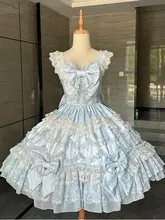 ブルー昭和スタイルロリータドレス【ドレス風・吊り紐・華やか花嫁用】