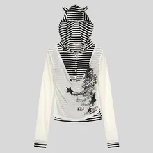 ストライプ柄猫耳フード付き長袖Tシャツ【春用・スリムフィット・メッシュデザイン】（セットアップ対応）