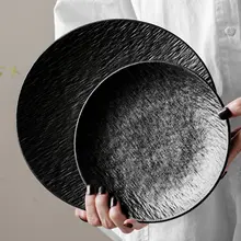 スタイリッシュな黒いステーキプレート【創作洋食用・業務用・陶器製】