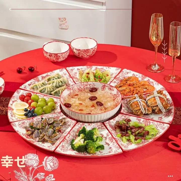 お祝い用陶製プレートセット【赤色・円形・家庭用・年越し料理に最適】（セットアップ対応）