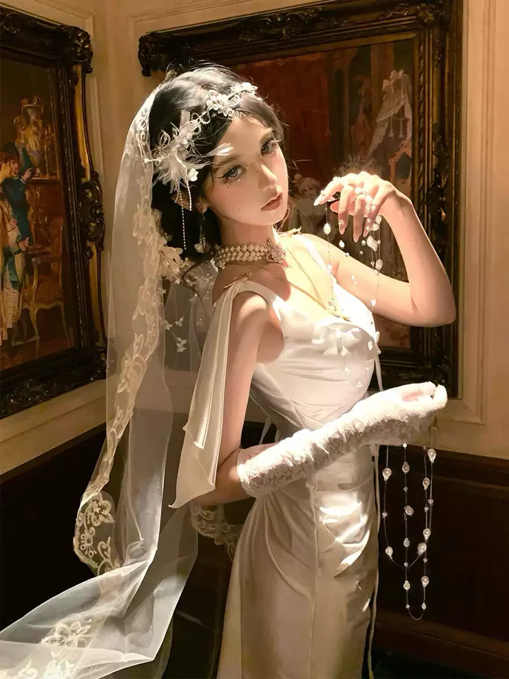白色レースのロリータウェディングベール【花嫁用・撮影小物・ビンテージスタイル】