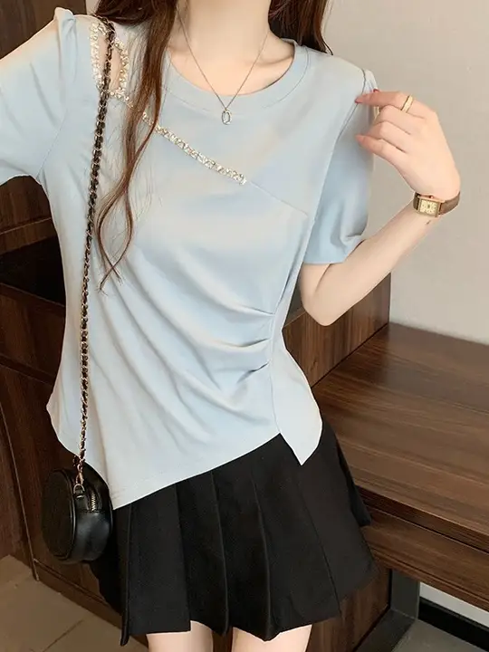 デザイン性の高いイレギュラーTシャツ【夏用・ドレープ・ウエストシェイプ・短袖】