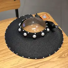 折りたたみ可能なビーチハット【草編み・パール付き・UVカット・大つば】