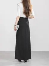 フレンチデザインのグレー女性用ロングスカート【高腰・薄手・Aライン】