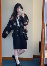 夜花園手描き桃の花刺繍入りルーズニットカーディガン【秋冬用・ラフスタイル】（セットアップ対応）