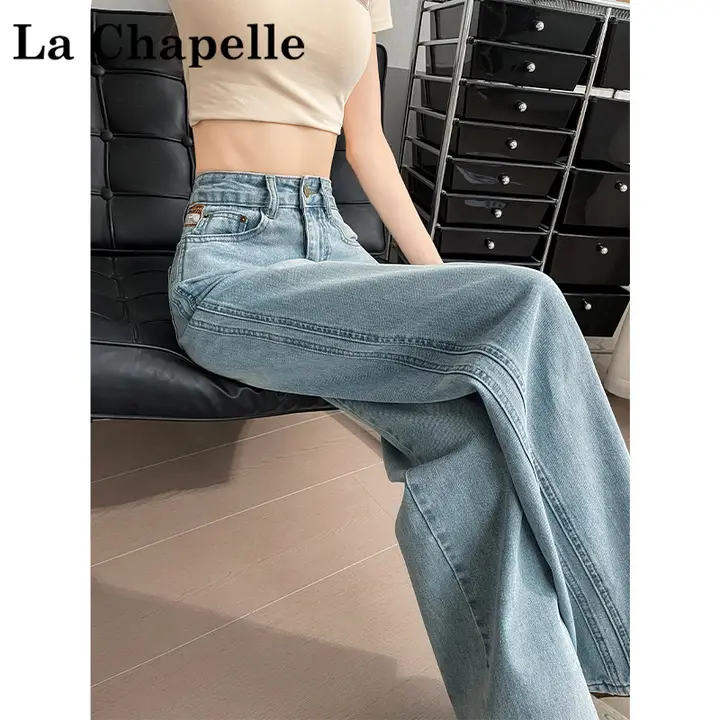 高腰ストレートデニムパンツ【春秋用・薄い青・スリムフィット】