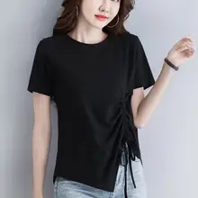 デザイン感のある不規則抽紐トップス【夏用・大きいサイズ・ゆったり・半袖】