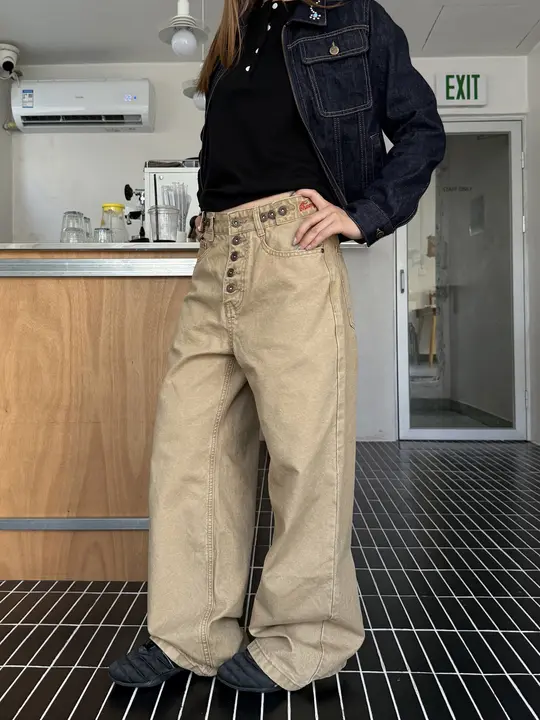 美式ヴィンテージ風 ワイドストレート工装パンツ【男女兼用・調整可能・ウォッシュ加工】（セットアップ対応）