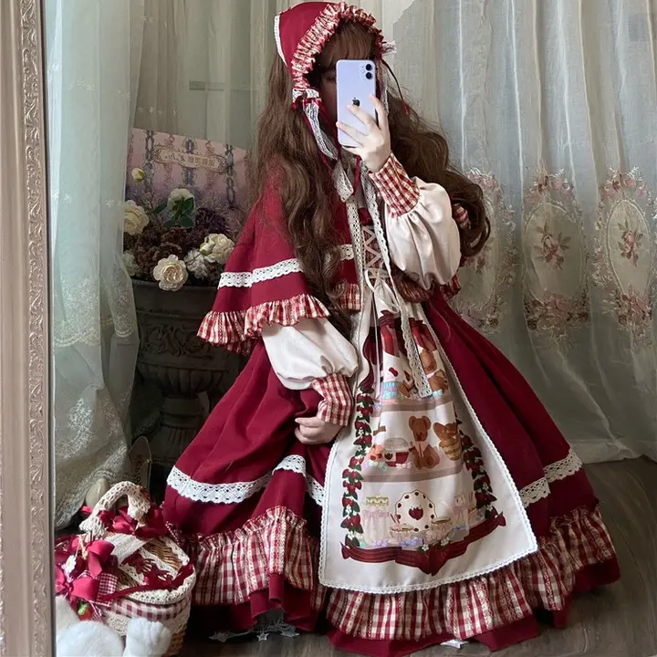 ロリータ風 赤いケープ付きワンピース【長袖・クリスマス・可愛いデザイン】
