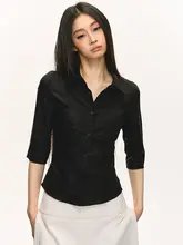 高級感あるデザイン！麻素材の中袖ブラウス【女性用・ウエスト絞り・白色】