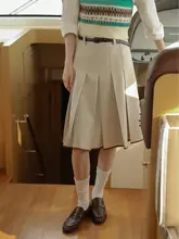 ポイントカラーの中腰プリーツスカート【レトロ学院風・Aライン・秋冬用・スーツ生地】