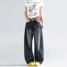 花刺繍の黒デニムパンツ【ワイドレッグ・ハイウエスト・スリムフィット】