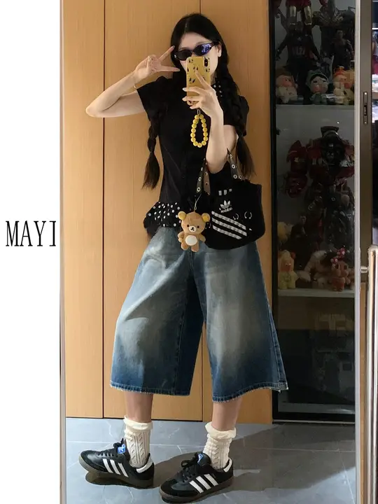 レディース 夏用 ハイウエスト ダメージ加工 デニムハーフパンツ【ゆったりシルエット・ビンテージ風】
