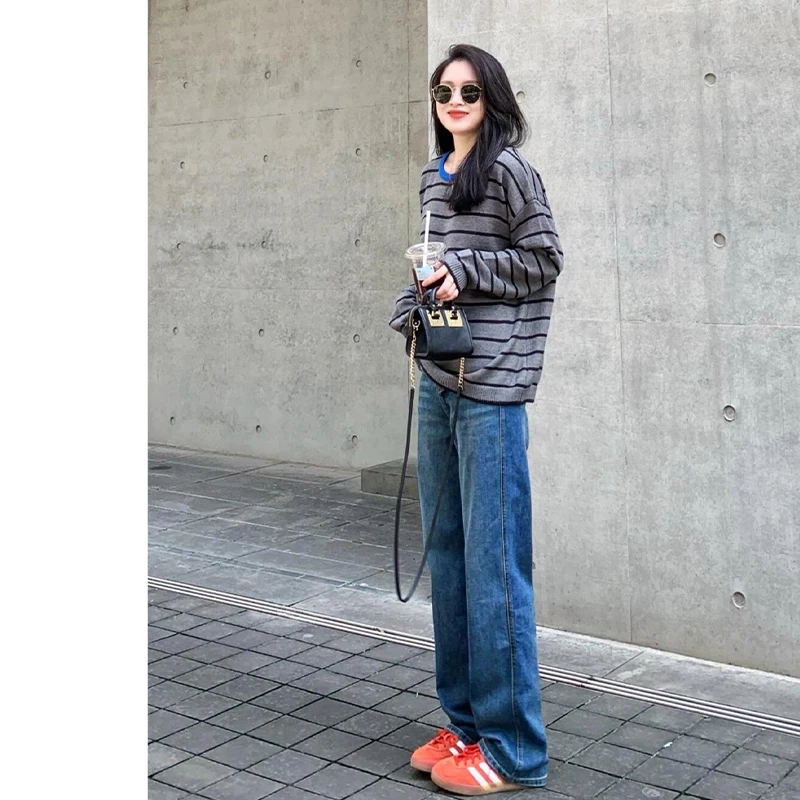 レトロブルー高腰タイトストレートデニムパンツ【秋冬用・加絨・フィット】（セットアップ対応） 春コーデ レディース おすすめアイテム