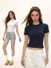 Tシャツ レディース 半袖 クルーネック クロップド アメリカン風 着痩せ インナー 夏