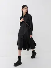 ポロ 不対称デザイン シャツワンピース【中長丈・高級感・ブラック】