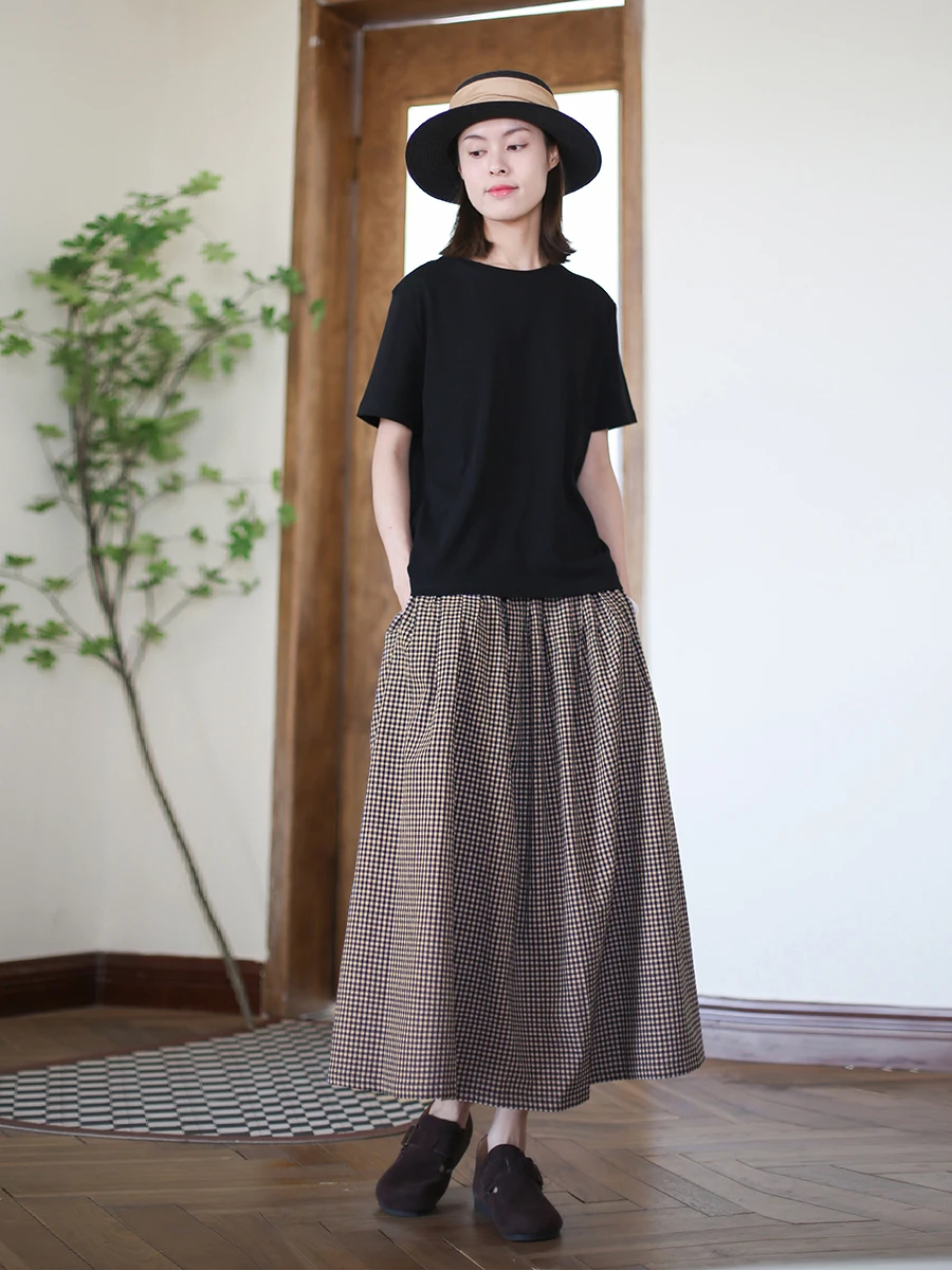 大人可愛い服 50代コーデ チェック柄コットンAライン中長丈スカート