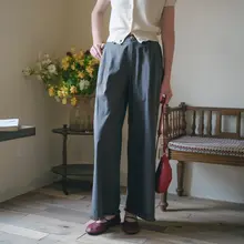 フィットのベージュコットンパンツ【ウエストゴム・ストレート・フリンジデザイン・カジュアル】（セットアップ対応）