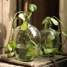 透明なガラス花瓶【緑・細口・一耳付き・インテリア用・厚手】