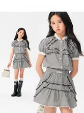 セットアップ 2点セット キッズ ガールズ チェック柄 フリルブラウス Aラインスカート プレピースタイル 夏 「BarryBanny」