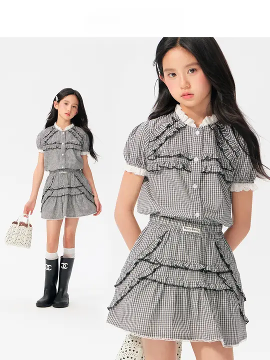 セットアップ 2点セット キッズ ガールズ チェック柄 フリルブラウス Aラインスカート プレピースタイル 夏 「BarryBanny」