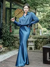 高見えフィッシュテールスカート【シルク100%、ブルー、コーディネートしやすい】