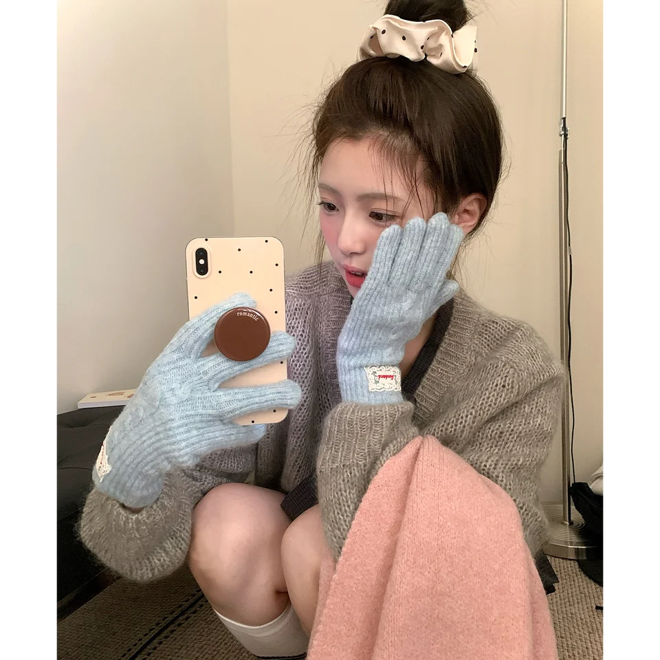 タッチスクリーン対応 厚  手保温手袋【冬用・女性用・指分けタイプ・ブルー】