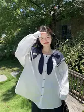 春の学院風 シンプルオープンカラーシャツ【長袖・ホワイト・ルーズフィット】
