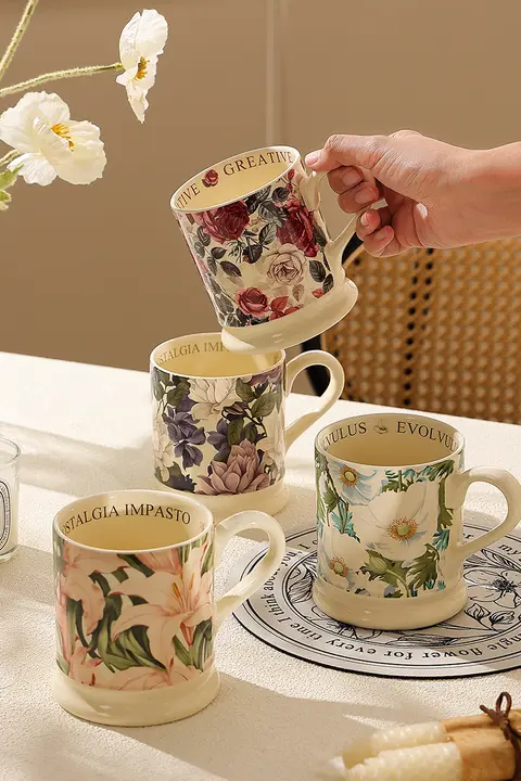 フランス風 陶器製 マグカップ【オフィス用・コーヒーカップ・女性向けデザイン】