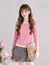 トップス レディース フェイクレイヤード 長袖Tシャツ 厚手 インナー ピンク フェミニン 秋冬