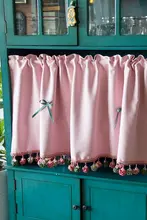 アメリカンカントリースタイル ピンクカラー くるみボタン付き 半カーテン【リボンデザイン・キッチン収納用】