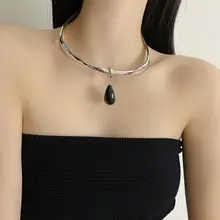 水滴型黒曜石のシンプルなペンダントネックレス【女性用・おしゃれ・軽量】