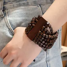 ボヘミアン風 木製ビーズブレスレット【女性用・エスニックデザイン・弾力性】