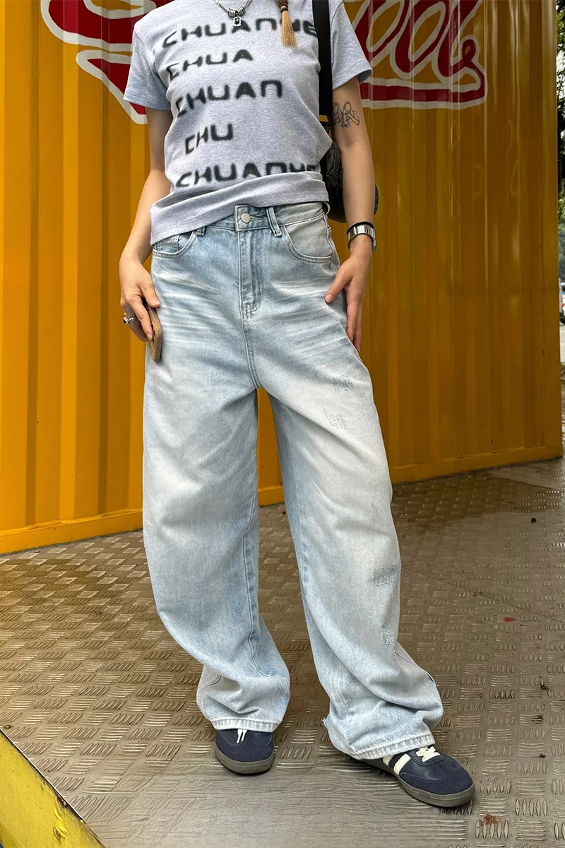 アメリカンスタイルのヴィンテージ風ウォッシュドデニムパンツ【男女兼用・ルーズフィット・ストレート・クラッシュ加工】