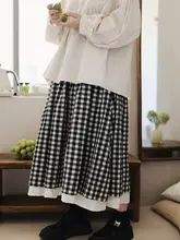 チェック柄ハイウエストAラインスカート【半身・レトロ・学生向け・秋用】