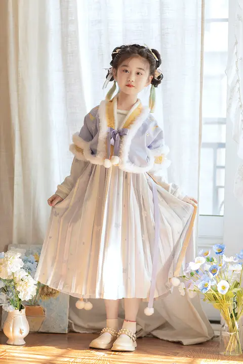 秋冬用 子供用 漢服風ワンピース【毛布仕立て・フリル付き・唐風デザイン】