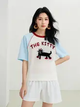 猫デザインのショートスリーブニット【トレンドカラー・ジャガード編み・ラグランスリーブ】