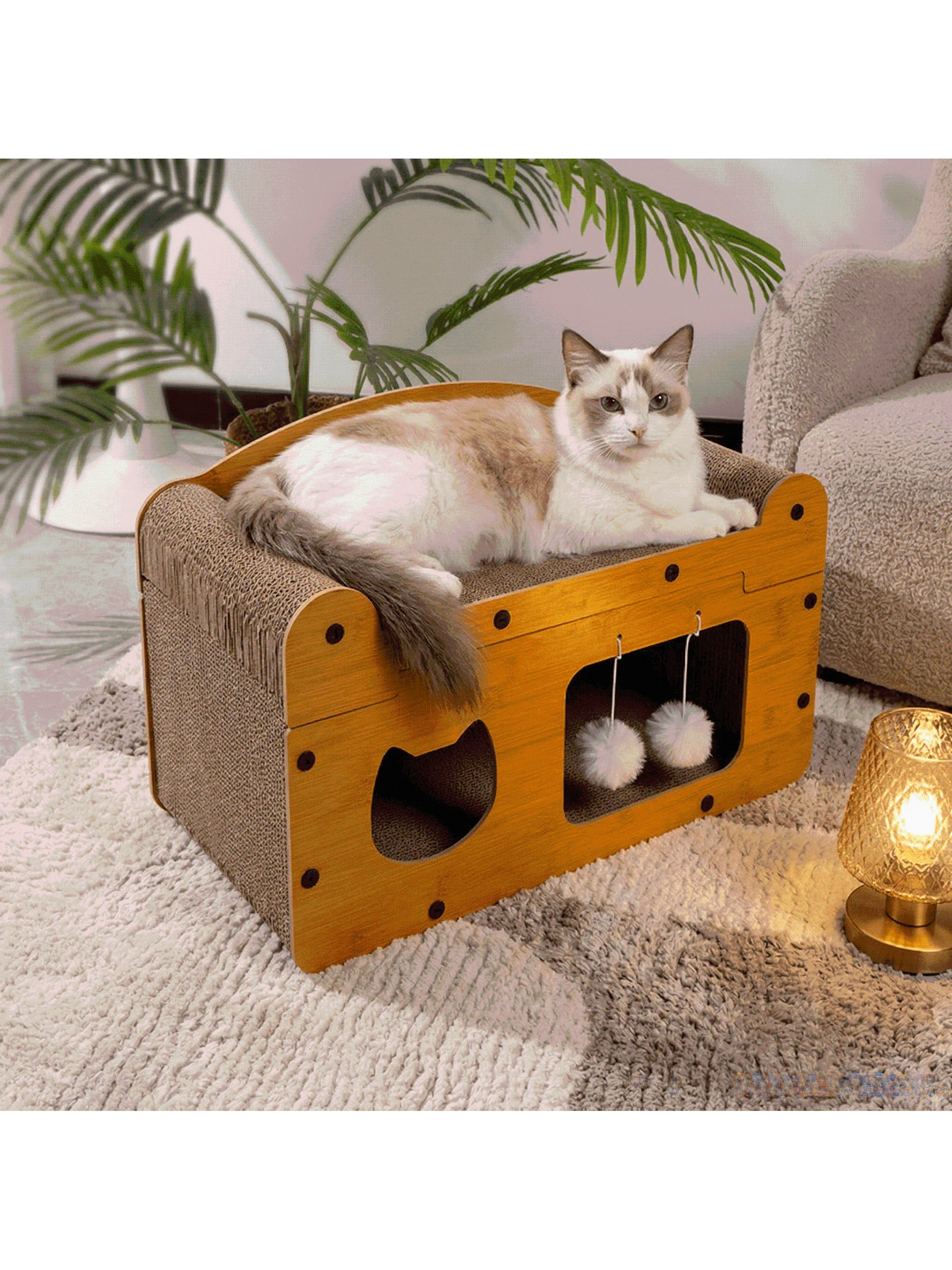 猫用爪研ぎとキャットハウスの一体型：耐摩耗性と立体デザインで災害時にも安心