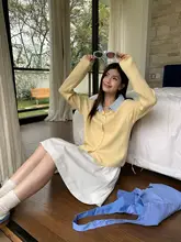 春にぴったり！イエローの翻領ニットカーディガン【韓国スタイル・双子風デザイン】（セットアップ対応）