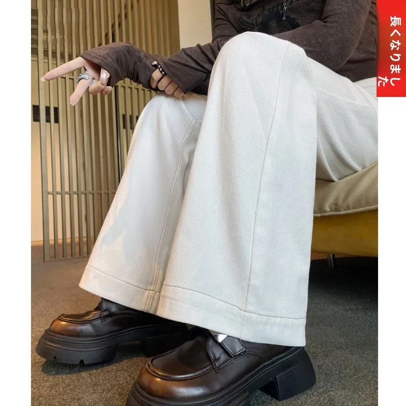 秋用ベージュハイウエストワイドレッグデニムパンツ：ロング丈で実用性とスタイルを両立