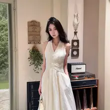 リゾートスタイルのドレープVネックキャミソールワンピース【セクシーなウエスト絞り・夏用・ロング丈】