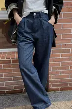 ヴィンテージ風コットン製夏用薄手デニムハイウエストワイドパンツ
