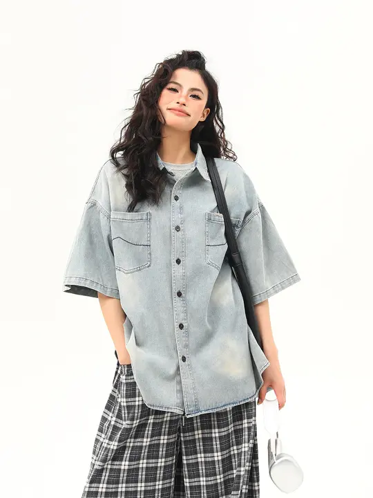 アメリカンレトロデニムショートスリーブシャツ【ウォッシュ加工・夏用・カジュアル】