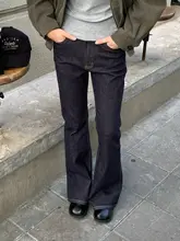深藍色のフレアデニムパンツ【レトロデザイン・タイトフィット・春夏向け】
