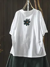 エレガントな花柄プリントコットン短袖Tシャツ【女性用】