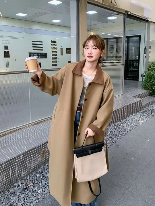 コーヒー色の切り替えデザイン中長丈ダウンコート【ウエストシェイプ・冬用・フレンチレトロ】