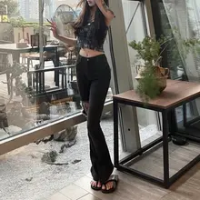 ハイウエストデニムパンツ【伸縮性・スリムフィット・フレアカット】（セットアップ対応）