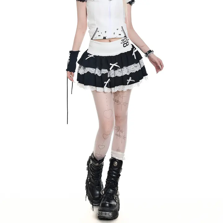 レースフリル付きリボンデザインのふんわりカクテルスカート【夏用・ハイウエスト・Aライン】