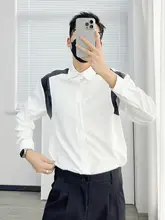 春秋用の韓国風ワイド長袖白シャツ【カジュアル・レザー切替デザイン】